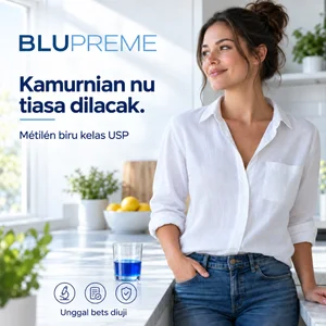 Awéwé nangtung gigireun sagelas cairan biru