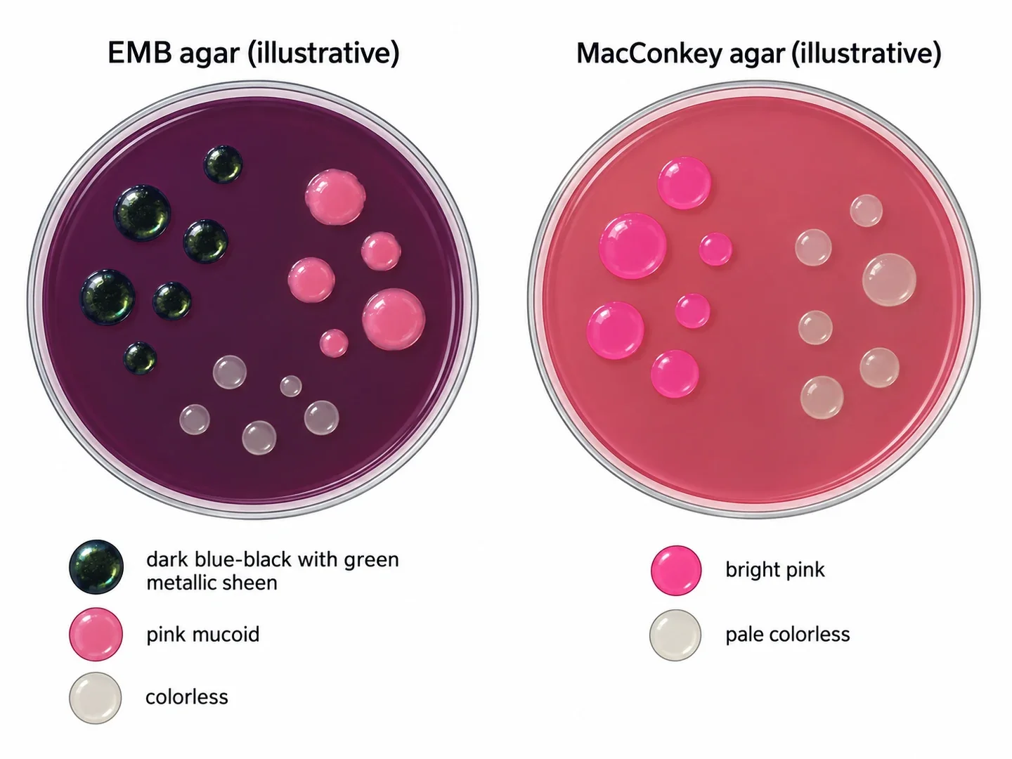 Side-by-side illustrative EMB and MacConkey plates with typical colony colors. Both plates are illustrative reconstructions, not photographs of real cultures.