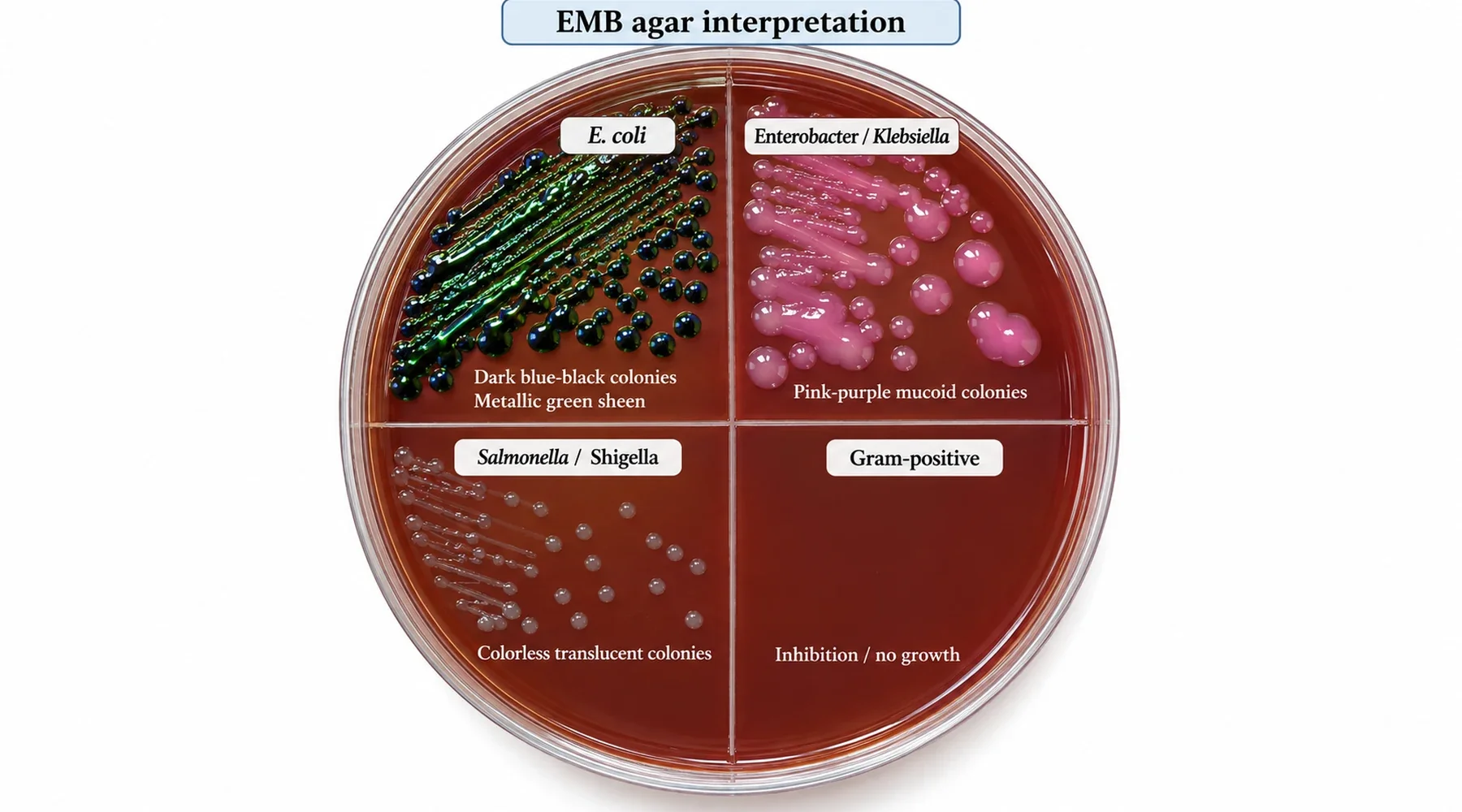 Cairt anótáilte maidir le léirmhíniú coilíneachtaí ar agar EMB, a thaispeánann E. coli le loinnir mhiotalach, coilíneachtaí múcasacha Enterobacter agus Klebsiella, Salmonella agus Shigella gan dath, agus cosc ar orgánaigh Gram-deimhneacha. Athchruthú léiritheach don teagasc.