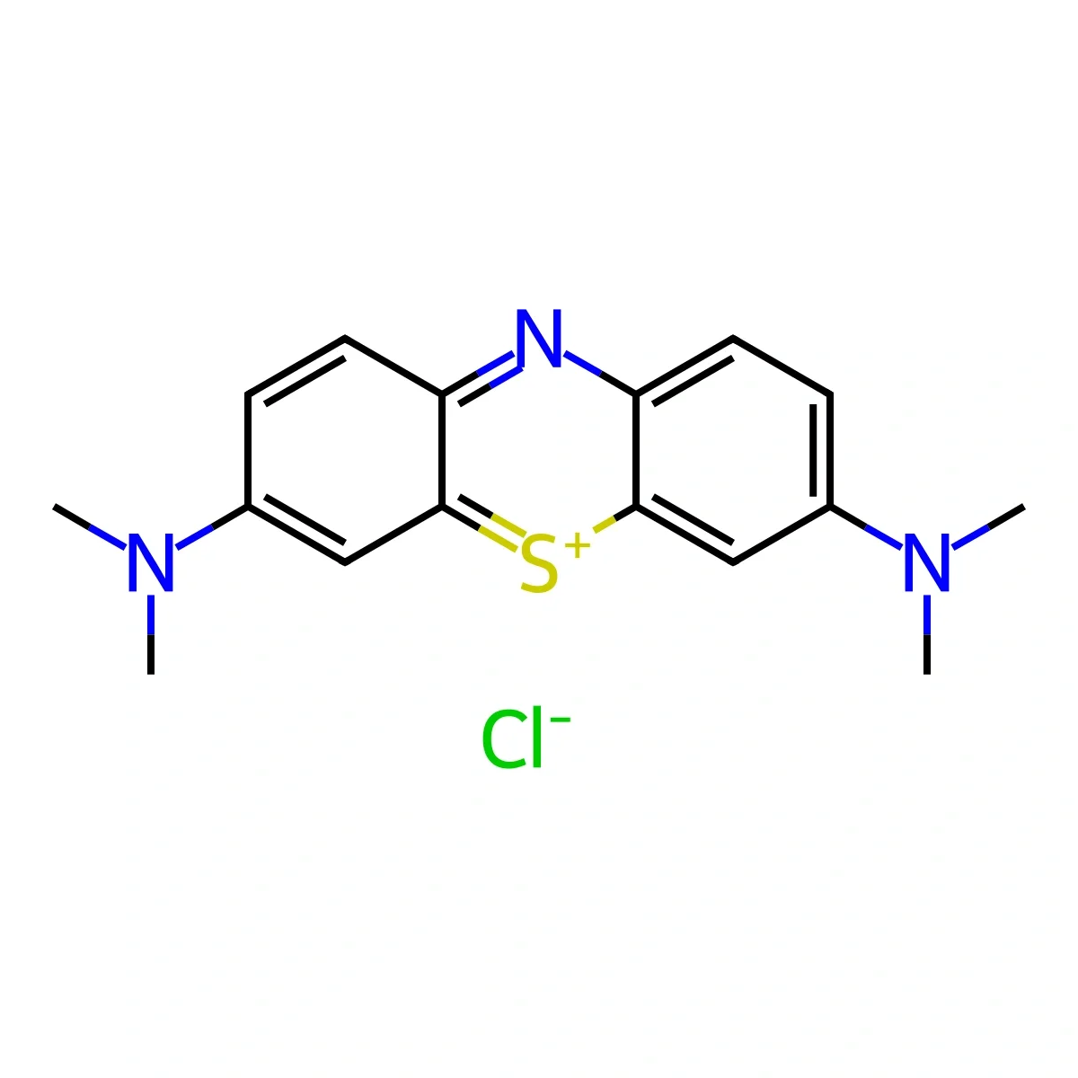 Methylene blue chloride: the same organic cation with a separate chloride anion and no covalent bond between them.