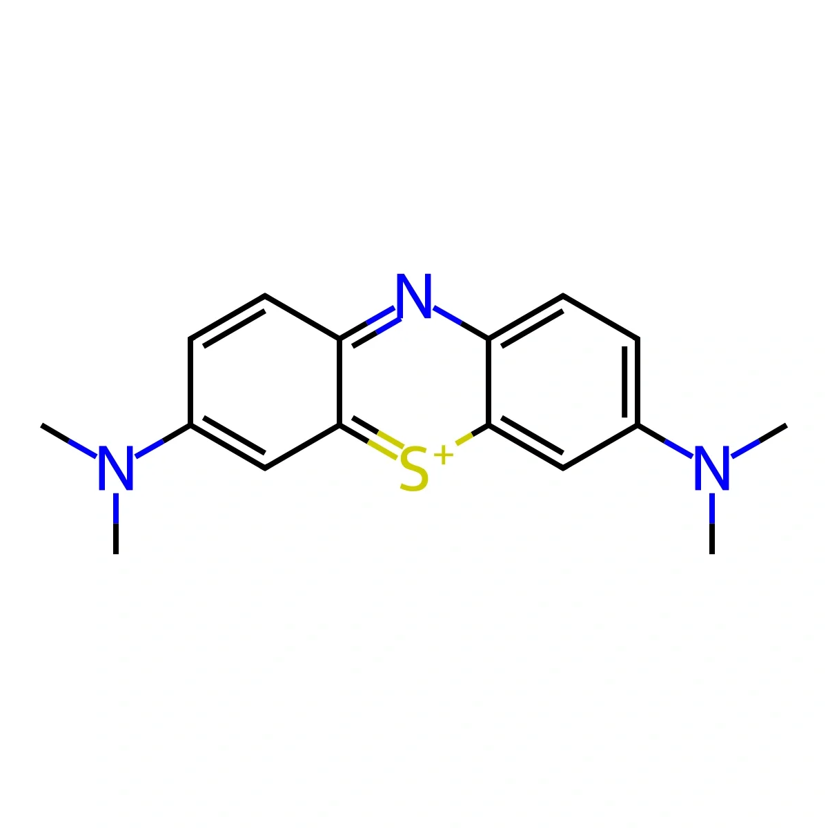 Methylthioninium cation: three fused rings, central nitrogen and sulfur, two dimethylamino substituents, and an overall positive charge.