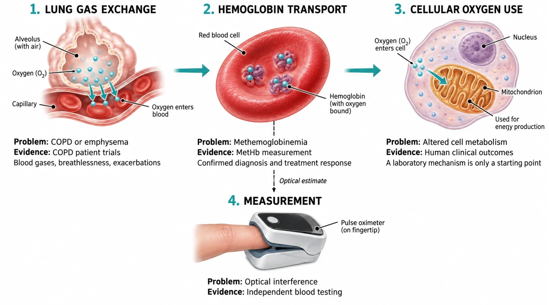 Four-part diagram of lung gas exchange, hemoglobin transport, cellular oxygen use, and a separate optical measurement branch, with evidence needed for each claim.