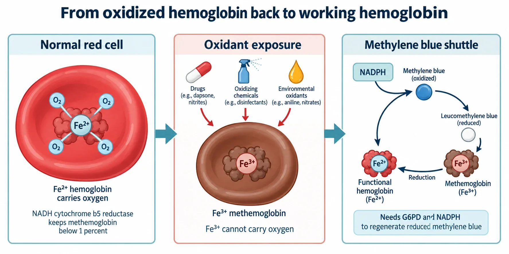 Three panel academic illustration. Left panel shows a normal red cell with ferrous hemoglobin carrying oxygen. Middle panel shows oxidant exposure converting ferrous iron to ferric methemoglobin with brownish discoloration. Right panel shows the methylene blue shuttle in which NADPH reduces methylene blue to leucomethylene blue, which restores ferric iron to ferrous hemoglobin.
