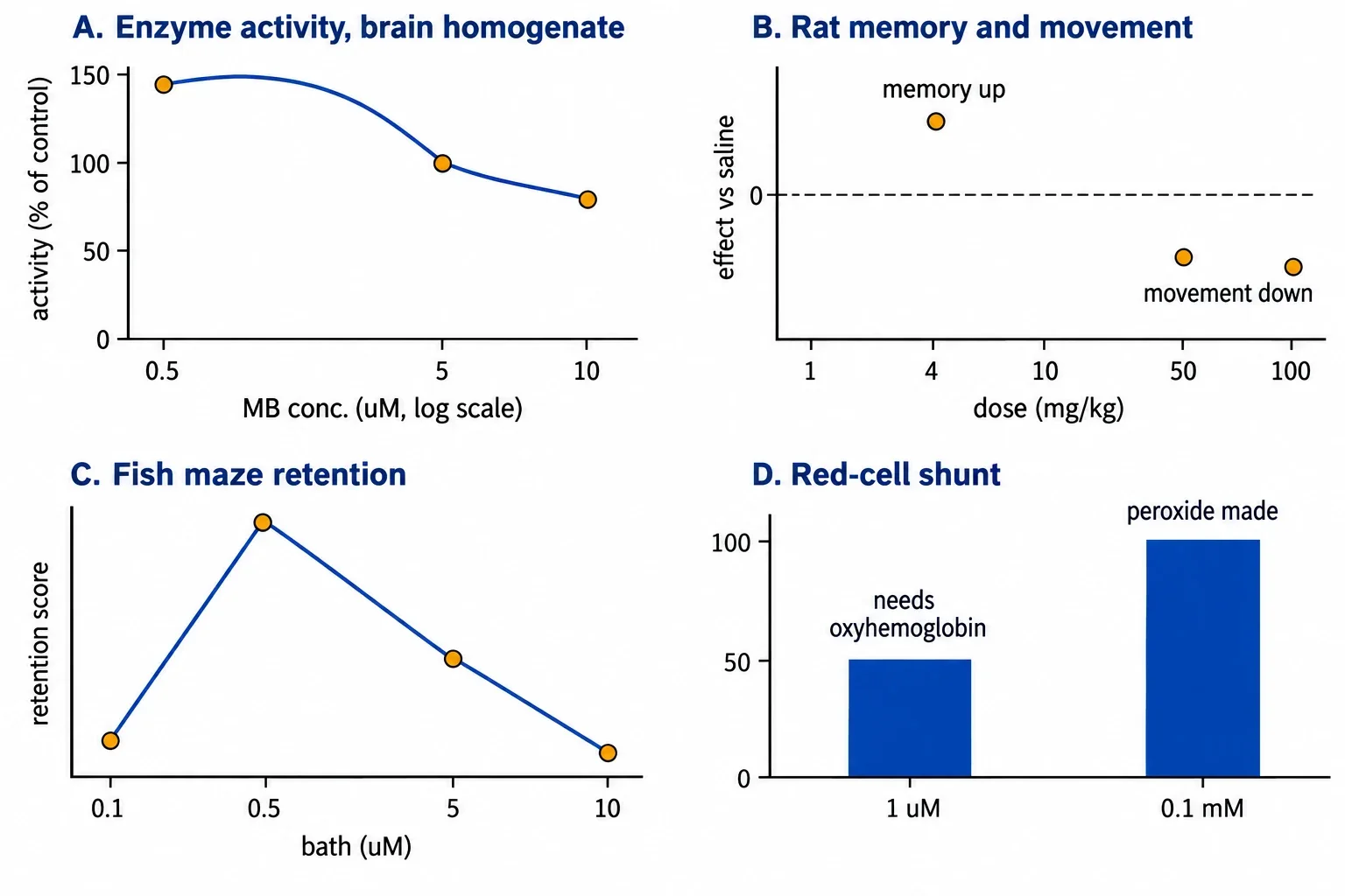 Four-panel schematic of methylene blue biphasic responses. Panel A, cytochrome oxidase in rat brain homogenate: activity peaks near 138 percent of control at 0.5 micromolar, returns to control near 5 micromolar, falls below control near 10 micromolar. Panel B, rat behaviour after single post-training injections: memory facilitation near 4 mg per kg with normal locomotion from 1 to 10 mg per kg, wheel running suppressed at 50 to 100 mg per kg. Panel C, zebrafish T-maze after post-training bath immersion: best retention at 0.5 micromolar nominal bath concentration, no difference from control at 5 micromolar, worse performance than the lower-dose groups at 10 micromolar. Panel D, human erythrocyte shunt stimulation: low-dose 1 micromolar response depends on oxyhemoglobin, high-dose 0.1 millimolar response does not and produces peroxide.