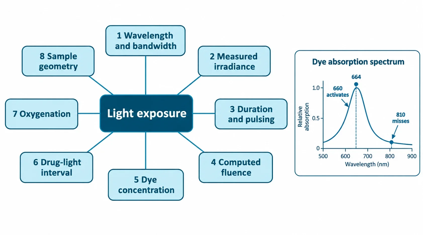 Annotated parameter guide for methylene blue light exposures. A central exposure box connects eight labeled parameter callouts: wavelength and bandwidth, measured irradiance, duration and pulsing, computed fluence, dye concentration and aggregation, drug light interval, oxygenation, and sample geometry. A side panel contrasts 660 nm light overlapping dye absorption with 810 nm light missing it.