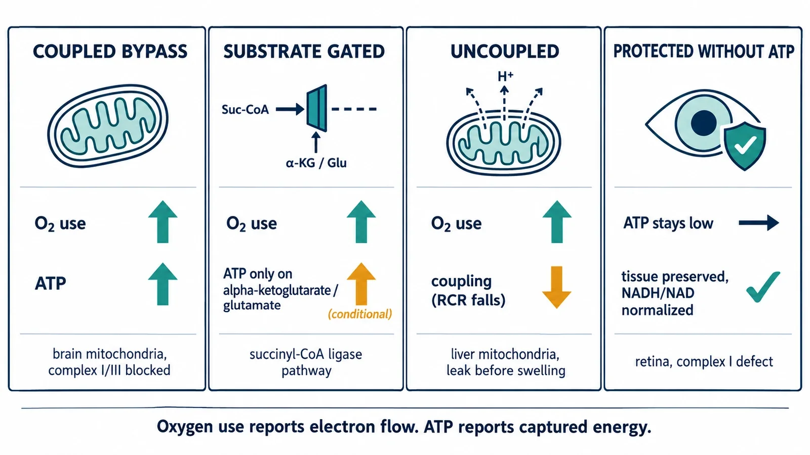 চার প্যানেলের endpoint comparison। উপরের বামে, coupled bypass: oxygen use বৃদ্ধি পায় এবং ATP বৃদ্ধি পায় যখন complex I বা III বাধাগ্রস্ত, label Tretter 2014 brain mitochondria। উপরের ডানে, substrate gated: সব fuel-এ oxygen use বৃদ্ধি পায় কিন্তু ATP শুধু alpha ketoglutarate এবং glutamate-এ succinyl CoA ligase-এর মাধ্যমে বৃদ্ধি পায়, label Komlodi 2017। নিচের বামে, uncoupled: state 4 respiration বৃদ্ধি পায়, respiratory control ratio কমে, 5 micromolar-এ swelling, label Visarius 1997 liver mitochondria। নিচের ডানে, ATP ছাড়াই সুরক্ষা: tissue সংরক্ষিত এবং NADH থেকে NAD স্বাভাবিক হয় কিন্তু ATP কম থাকে, label Mekala 2019 retina। Footer-এ লেখা oxygen use electron flow রিপোর্ট করে, ATP captured energy রিপোর্ট করে।