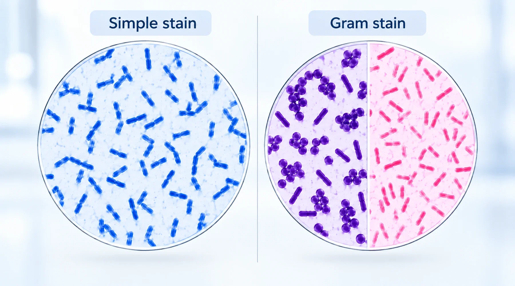 Panel ilustrativo de portada que compara un campo monocromático azul de tinción simple con campos de tinción de Gram morados y rosados. Ilustración estilizada, no una micrografía.