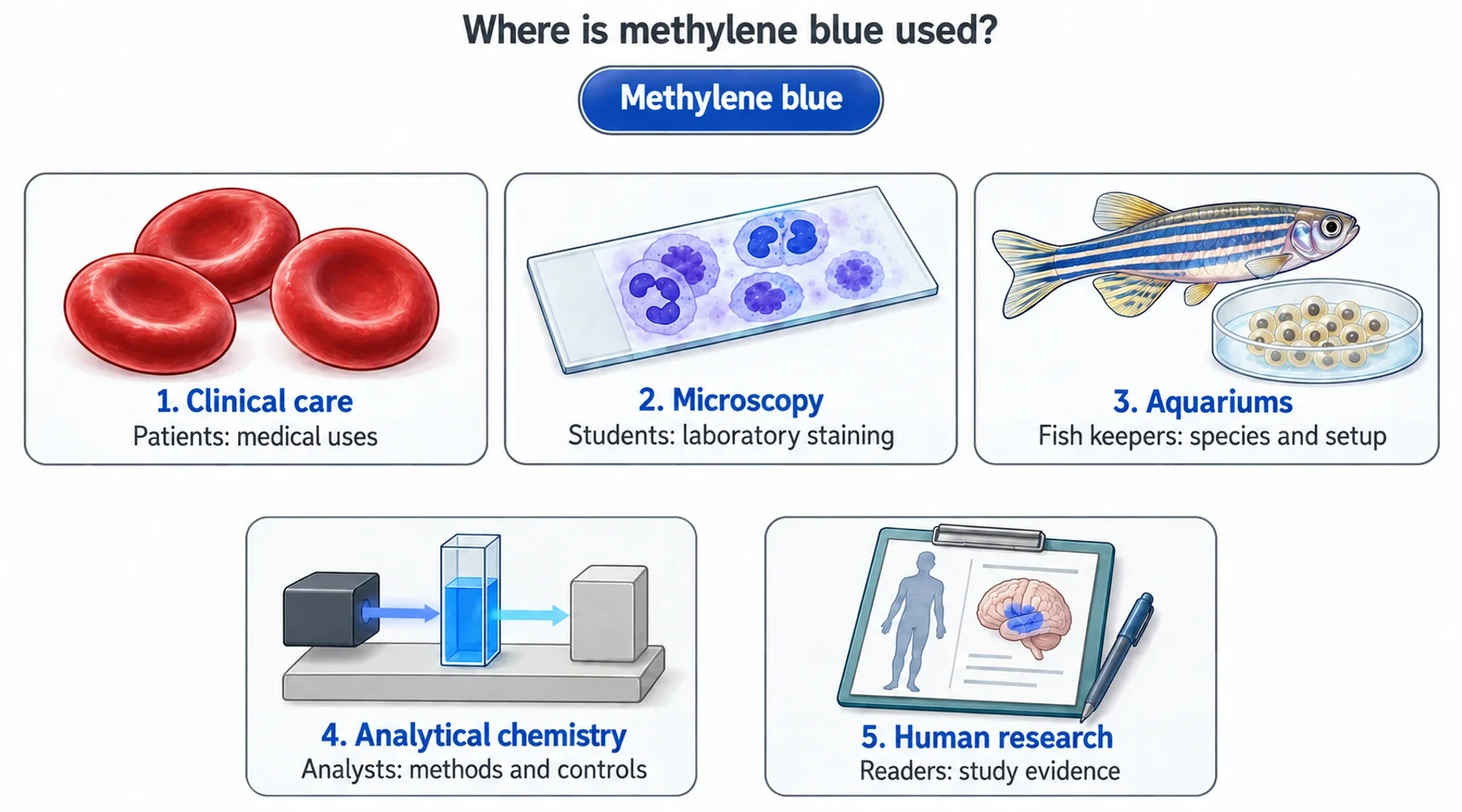 Illustrated application map connecting methylene blue to clinical care, microscopy, aquariums, analytical chemistry, and human research, with a reader route for each.