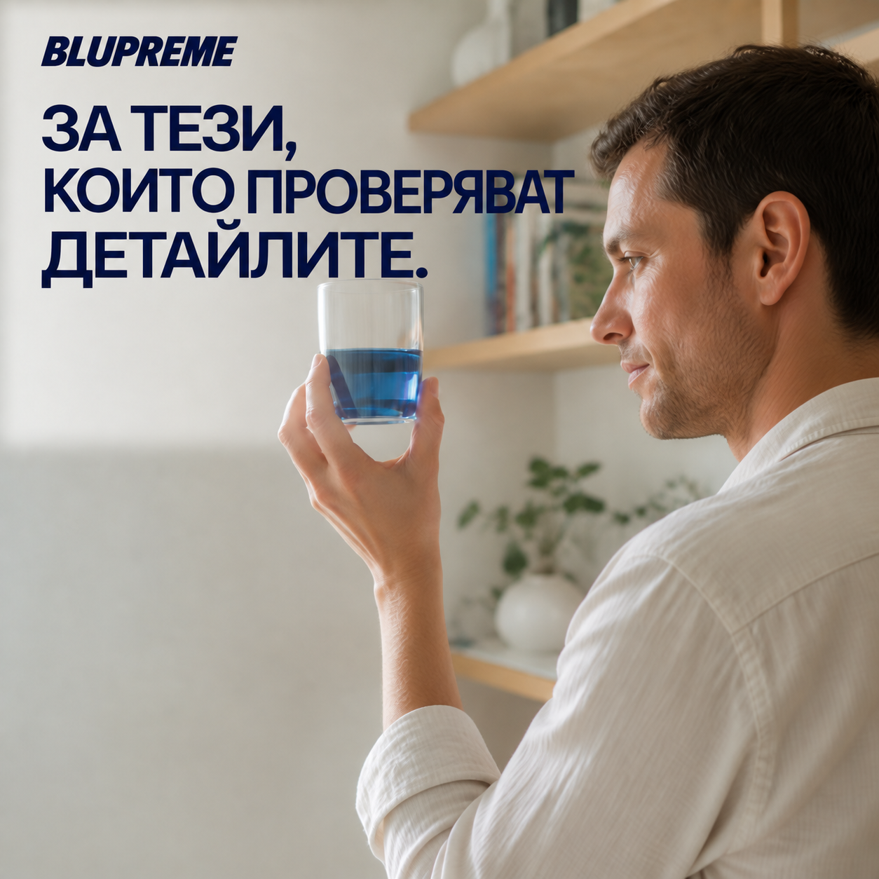 Човек, който държи чаша със синя течност