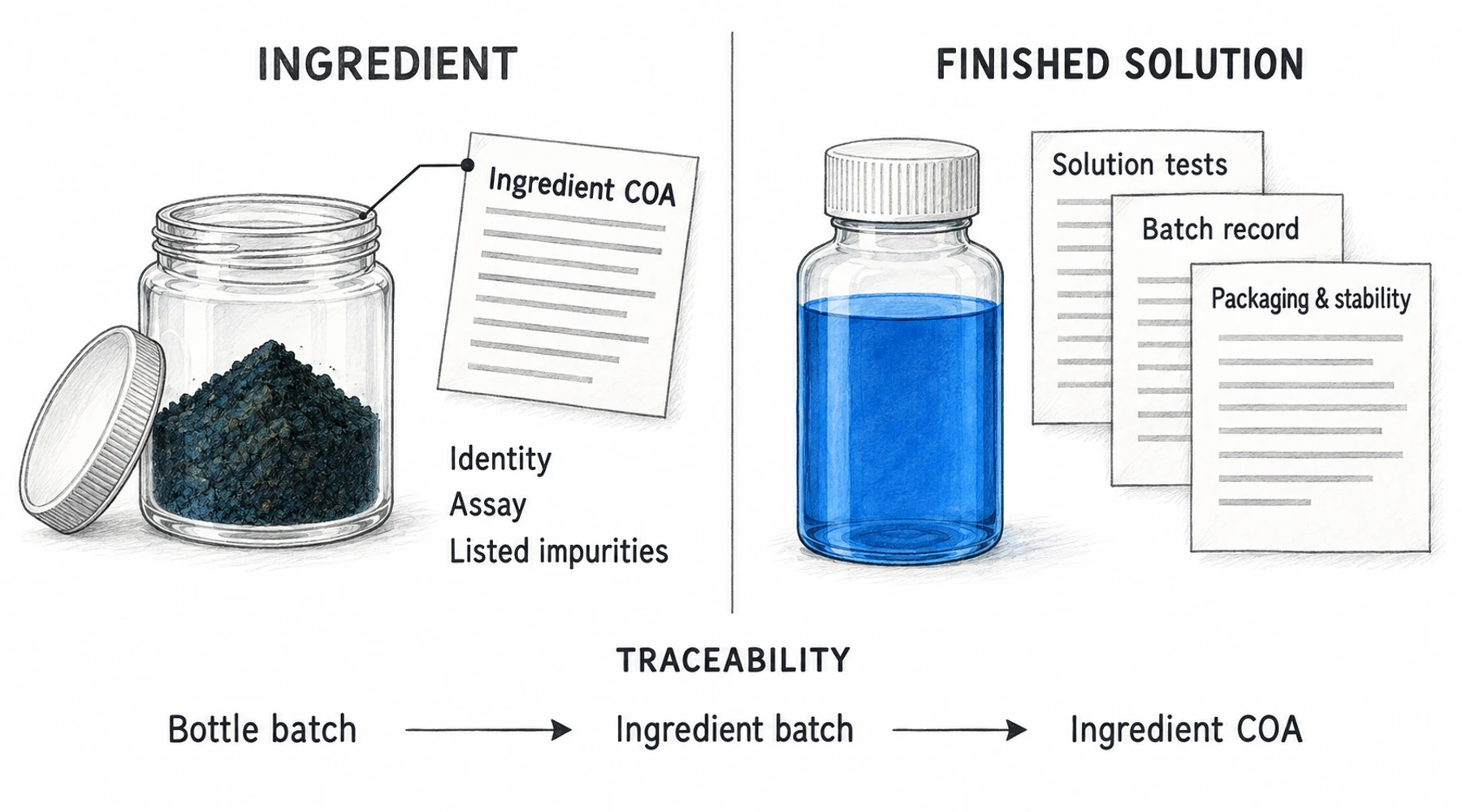 Ingredient COA versus finished-product testing for methylene blue