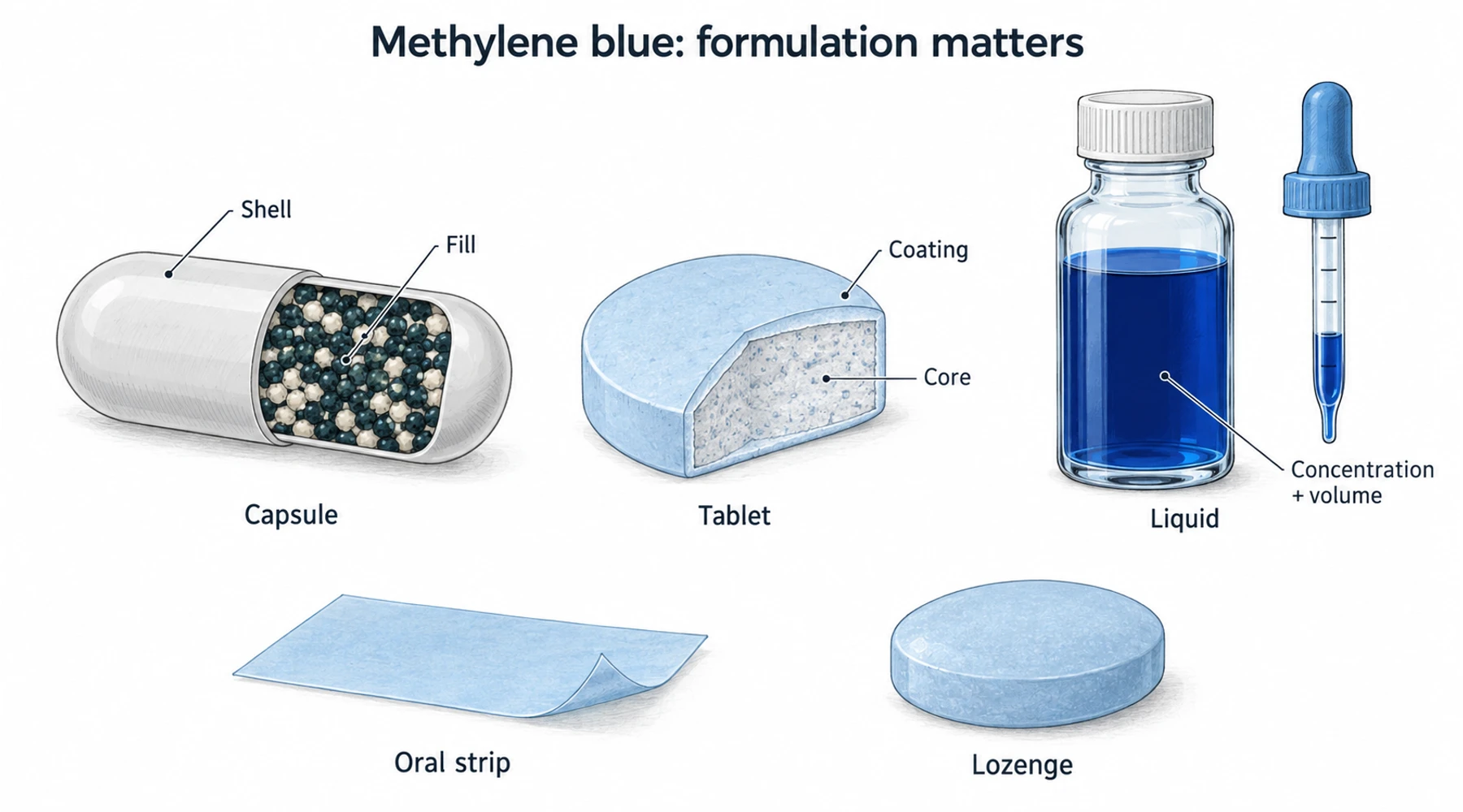 Methylene blue capsules and tablets versus liquid drops