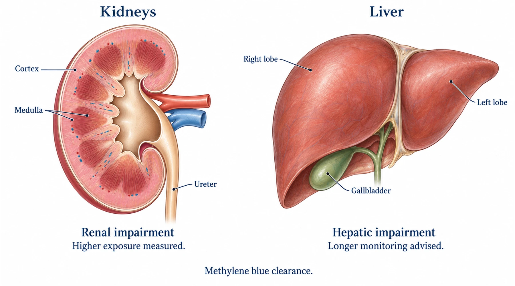 Methylene blue and kidney or liver disease