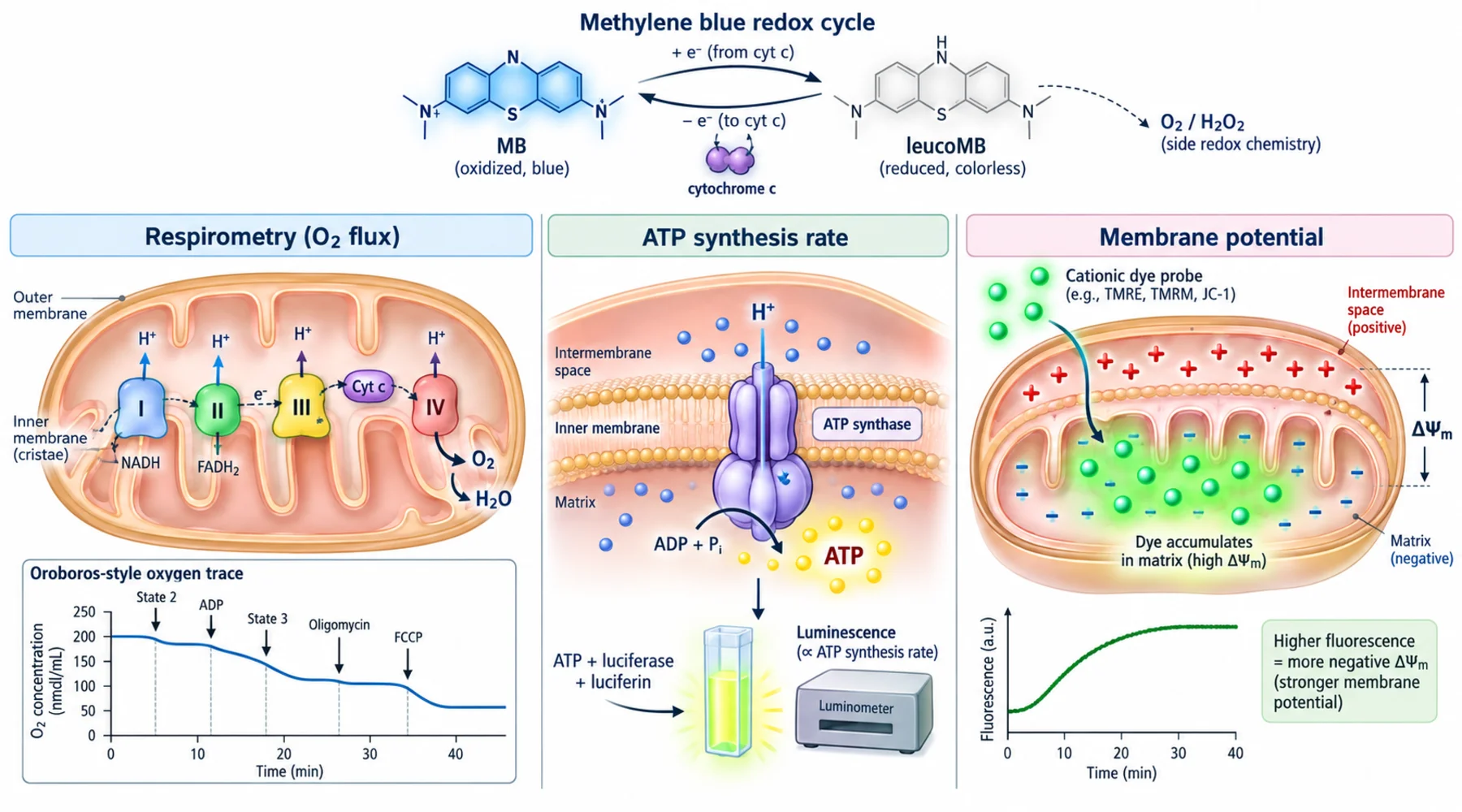 Measuring methylene blue's mitochondrial effects: oxygen, ATP, and membrane potential