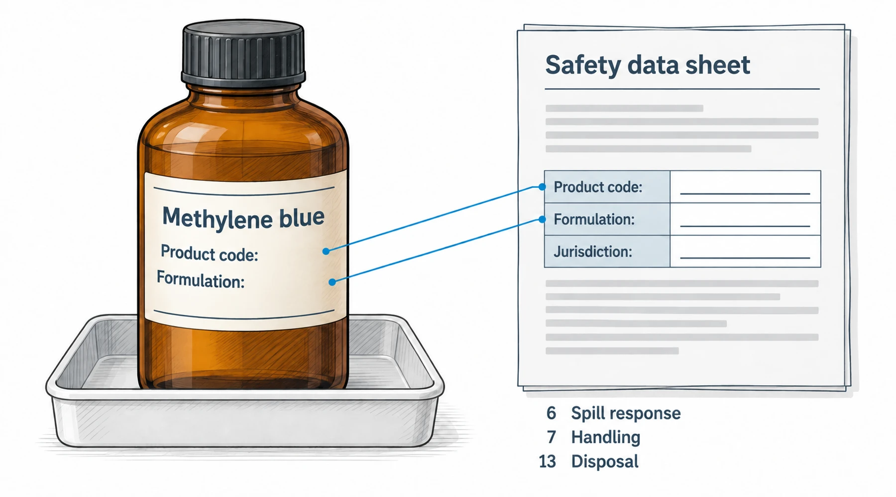 Methylene blue SDS: product matching, handling, spills, and disposal