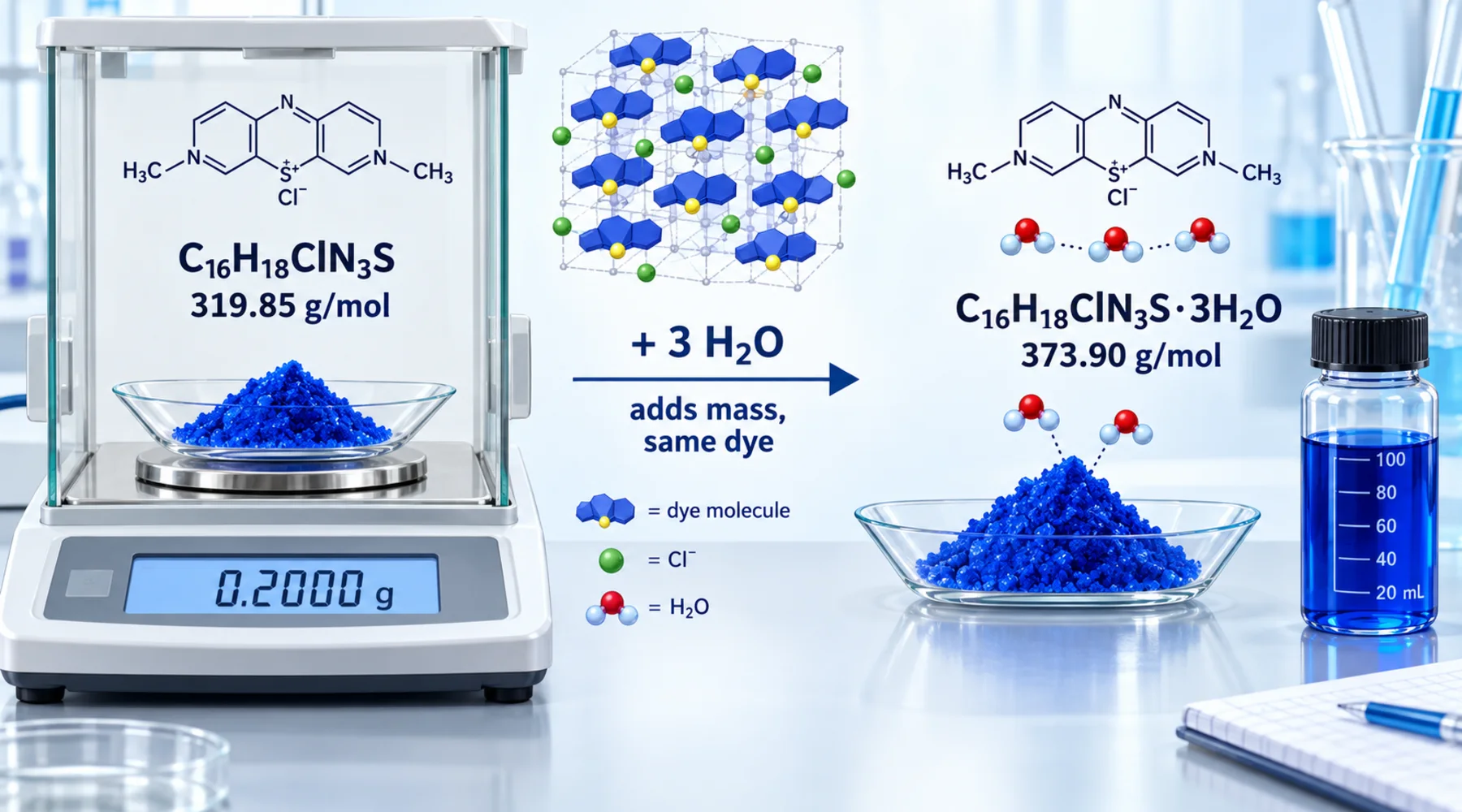 Azul de metileno tri-hidratado versus material anidro: fórmula, massa e rotulagem