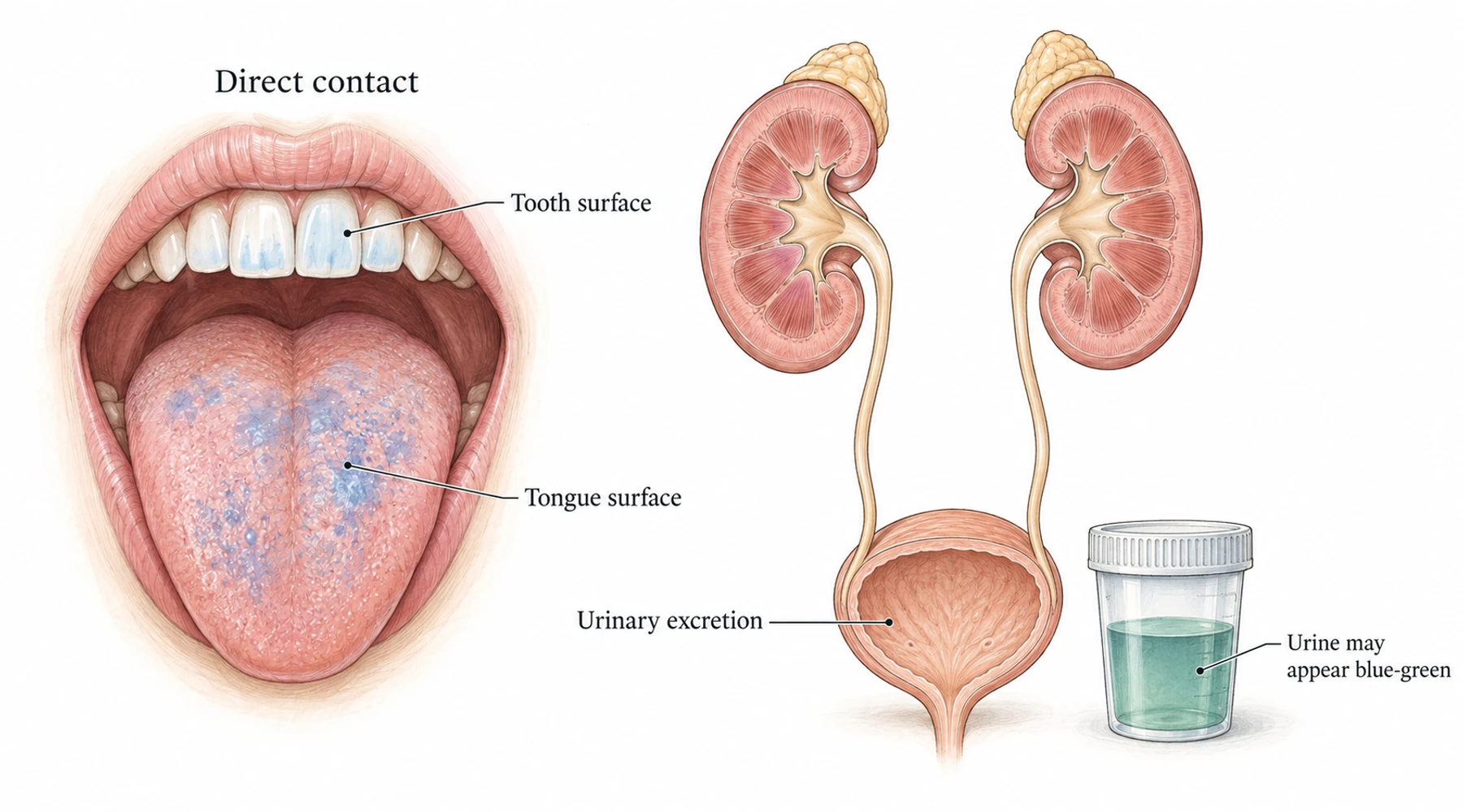 Why methylene blue changes urine, tongue, and tooth color