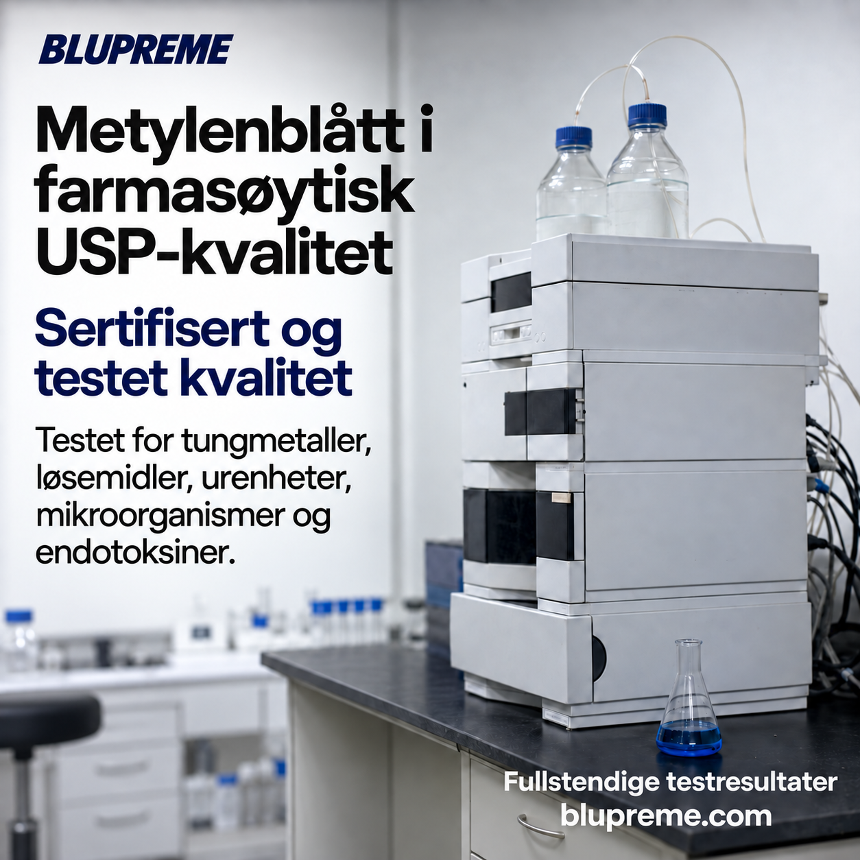 Opplysninger om kvalitet og test av Blupreme metylenblått