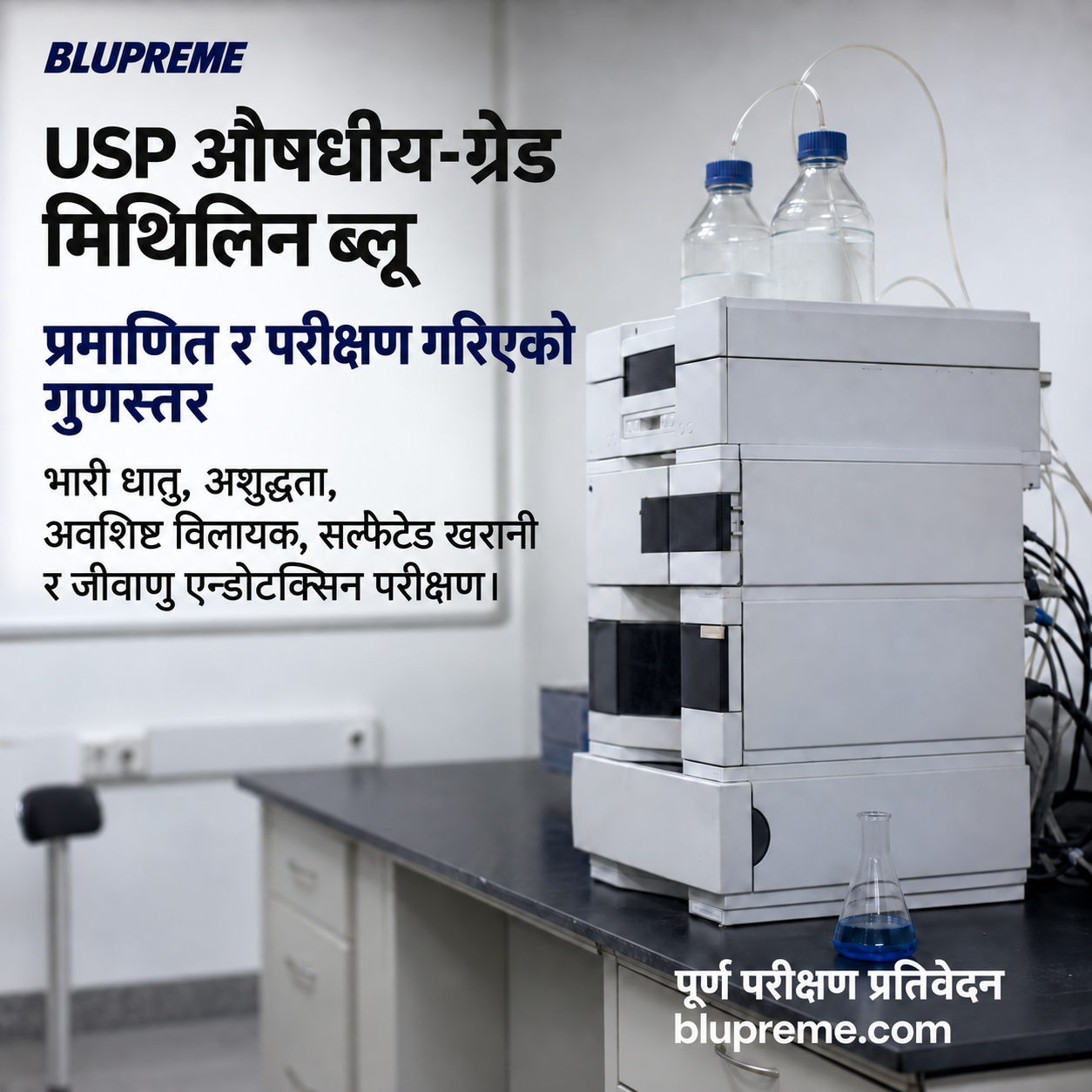 Blupreme मिथिलिन ब्लु गुणस्तर र परीक्षण जानकारी