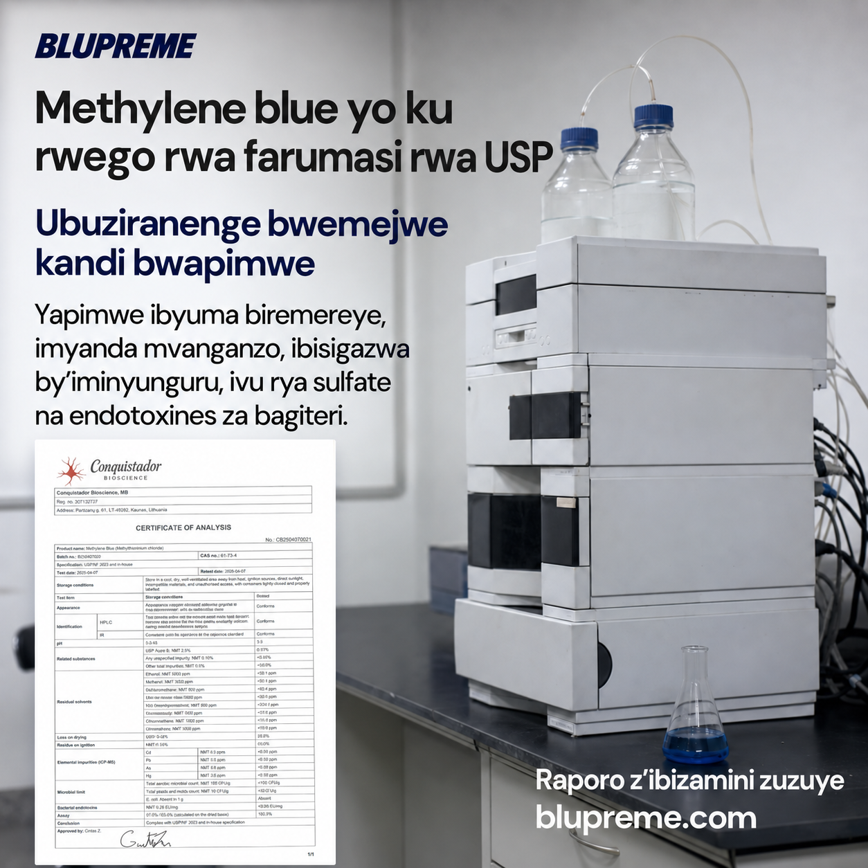 Amakuru y’ubuziranenge n’ibizamini bya Blupreme Methylene Blue
