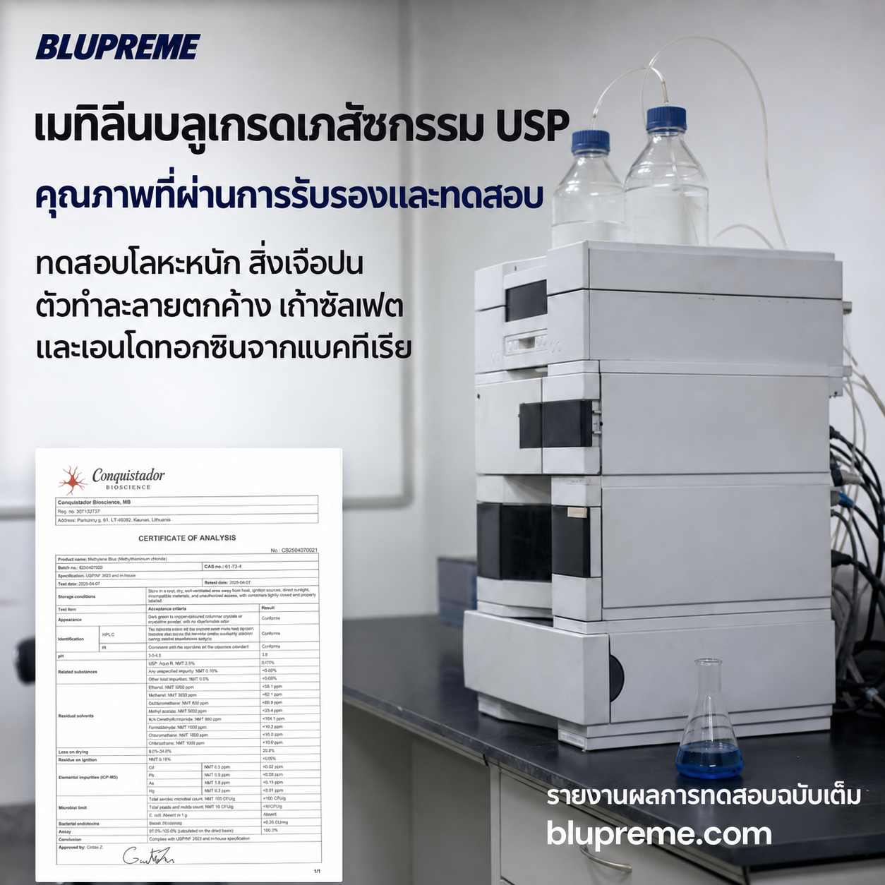ข้อมูลคุณภาพและการทดสอบเมทิลีนบลู Blupreme