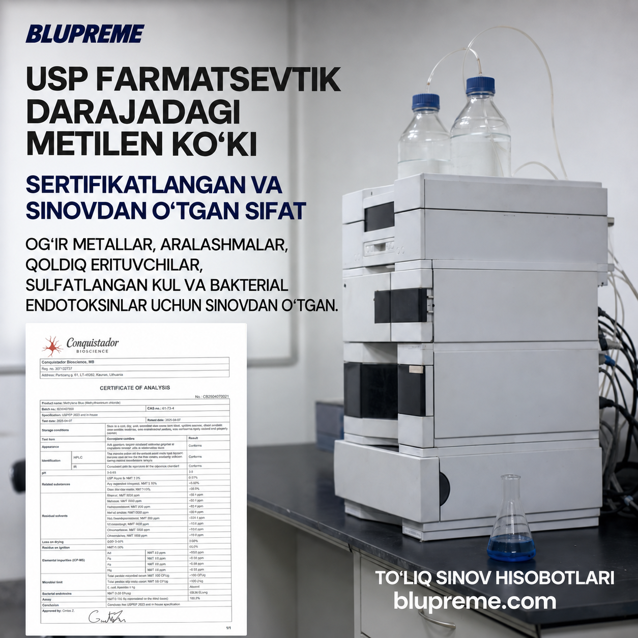 Blupreme metilen ko‘kining sifati va sinovlari haqida ma’lumot