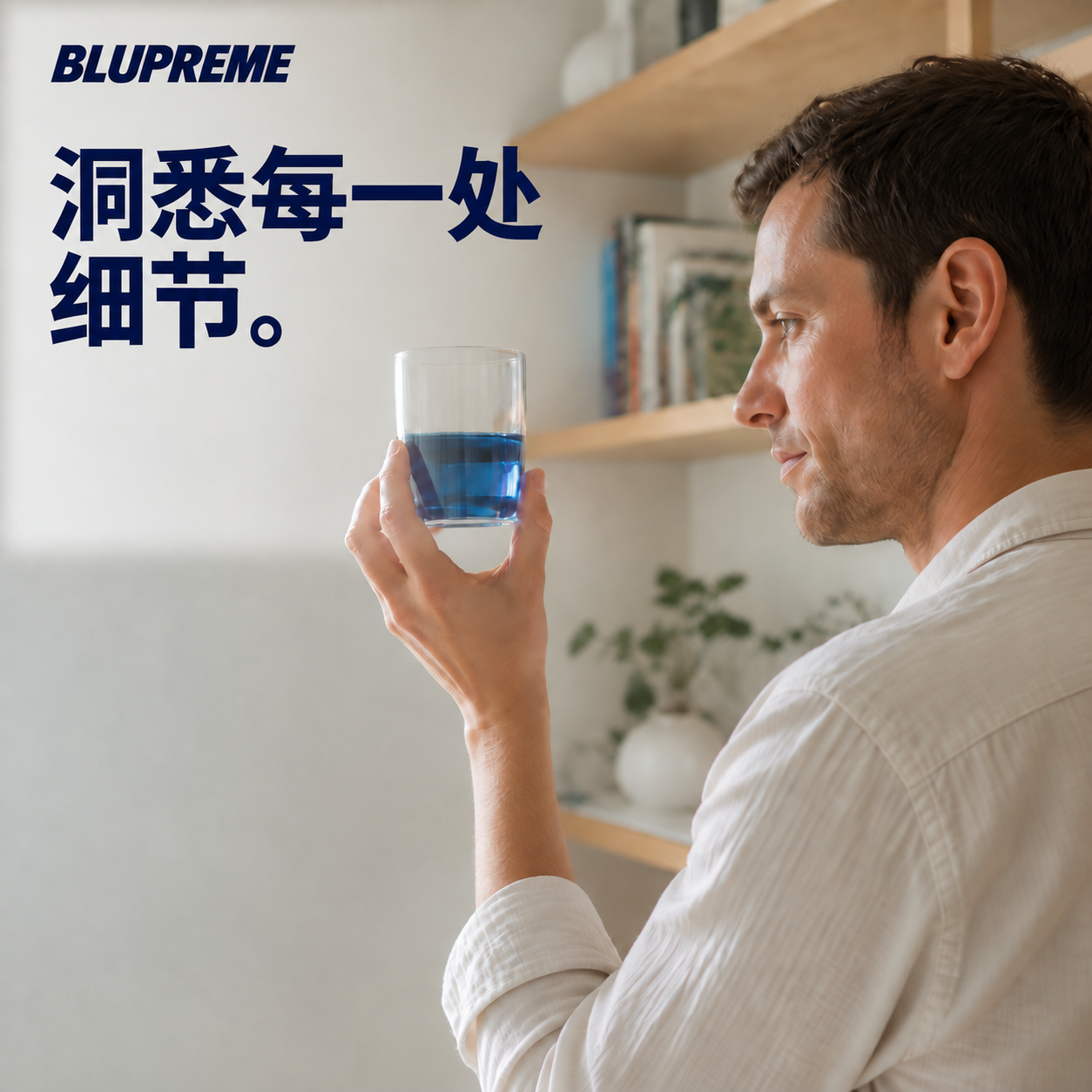 手持一杯蓝色液体的人